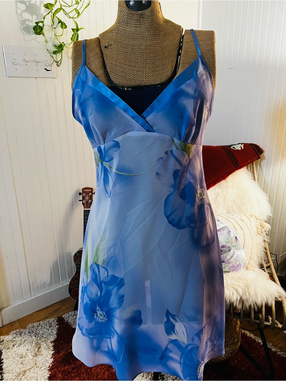 VTG Blue Floral Satin Slip Dress - Jones New York